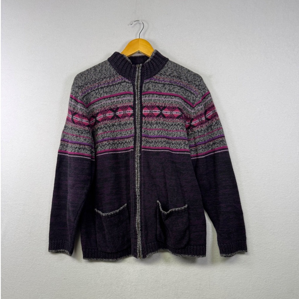 Erika & Co Cardigan Sweater‎ 1X Purple Fair Isle Full Zip Ramie Cotton Vintage